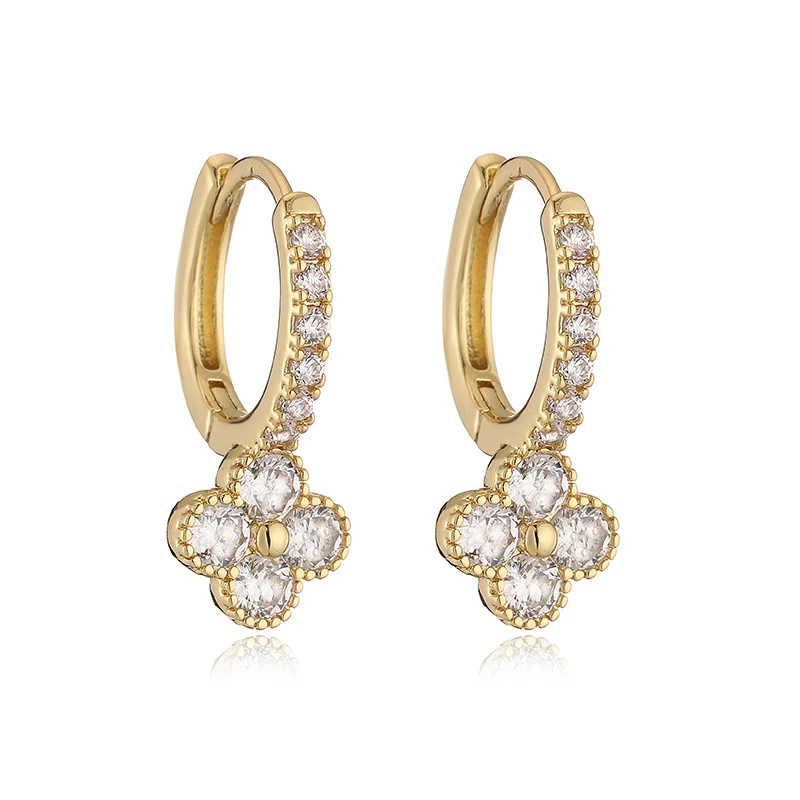 18K Golden Plated CZ Stone Sparkling Small Flower 4 Leaf Flower Women S Jewelry Luxury Earrings flower earrings golden earrings