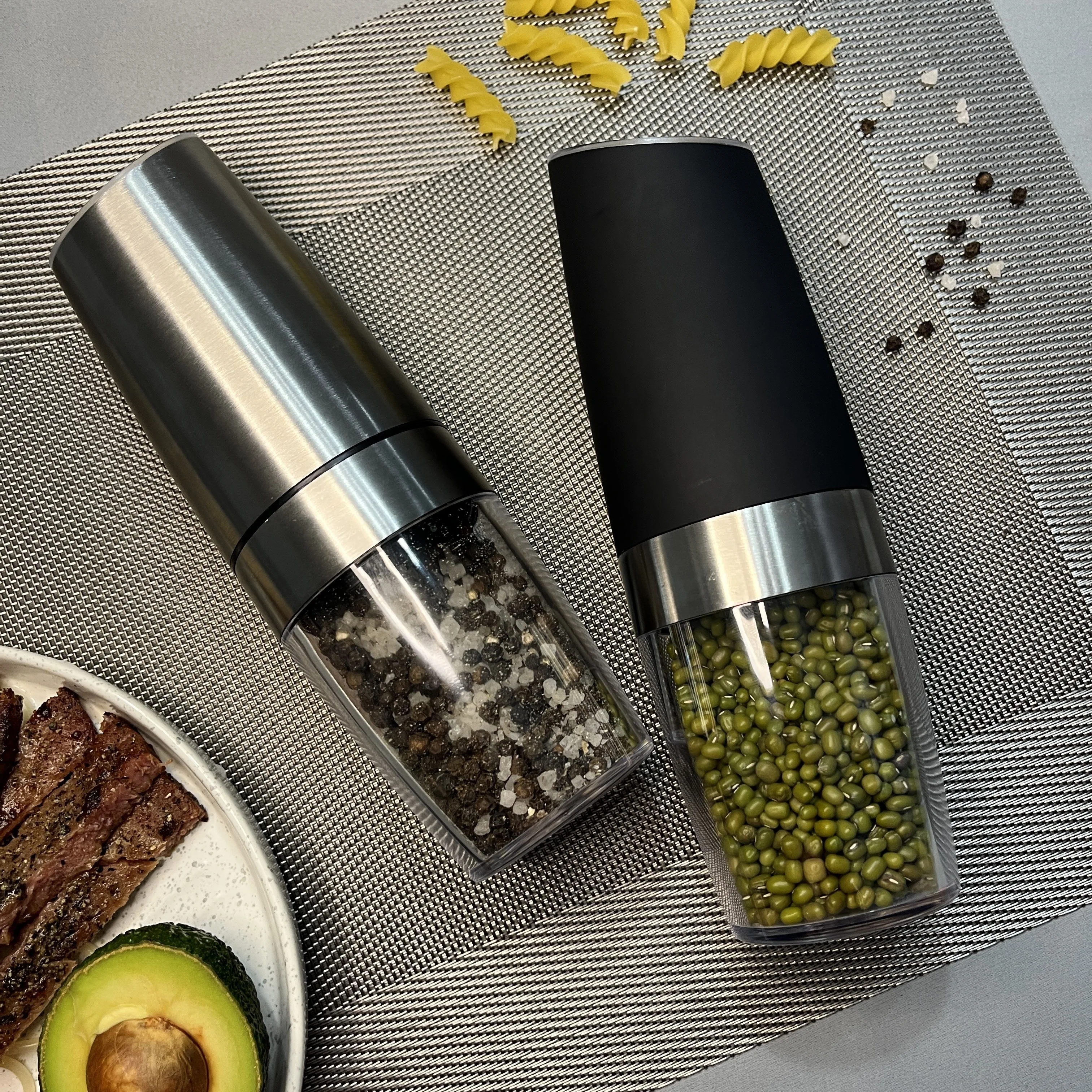 

Stainless Steel Gravity Electric Pepper & Salt Grinder Set, Adjustable Coarseness, Battery Powered with Blue LED Light, One Hand
