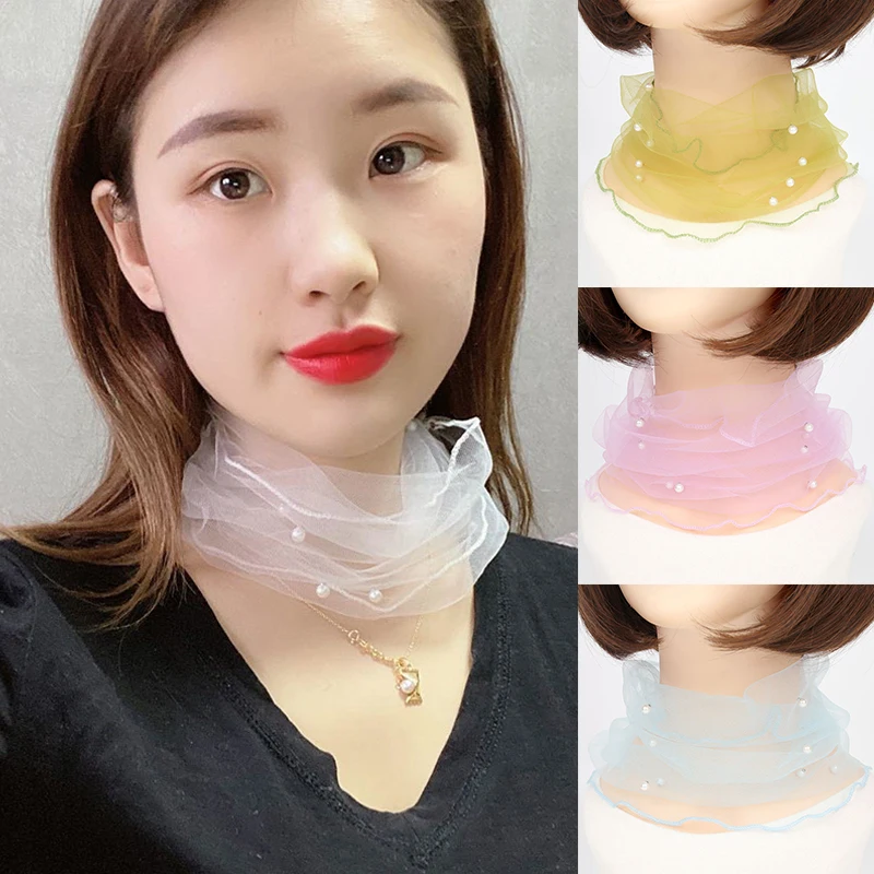 

Women Mesh Pearl Collar Scarf Transparent Lace Beaded Scarf Ruffle Neck Cover Bib Headband Sun Protection Clothing Accessories