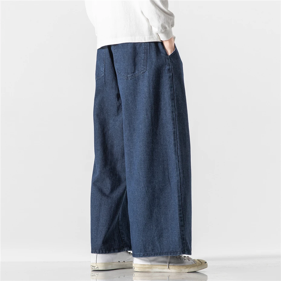 Wide Leg Jeans Men Harajuku Denim Pants Fashion Casual Loose Jeans Male Solid Color Denim Pants Blue