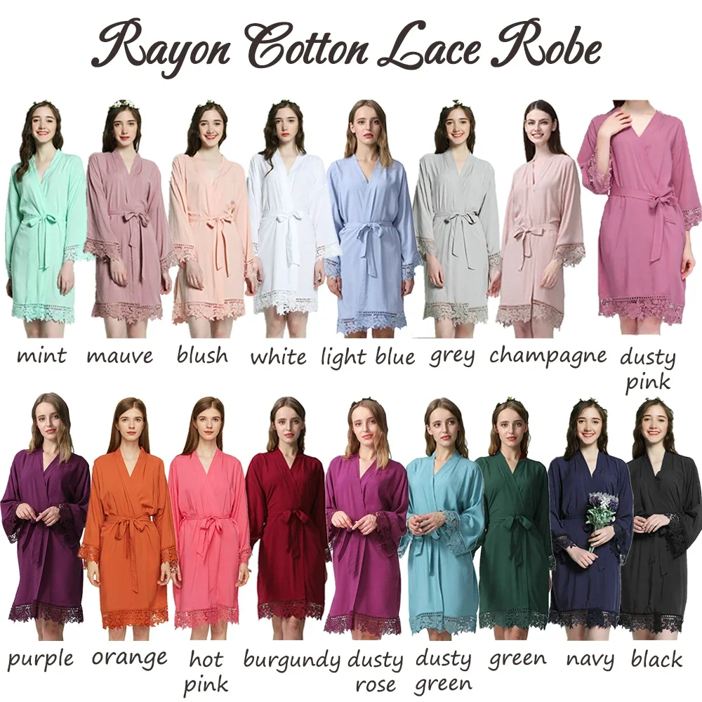 

Bridesmaid Robes Rayon New Solid Cotton Kimono Robes with Lace Robe Women Wedding Bridal Robe Short Belt Bathrobe