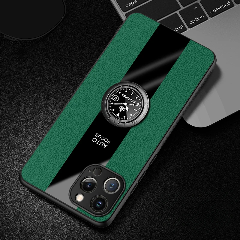 Elegant PU Leather Magnetic Ring Holder Phone Cover with Silicone Matte Bumper