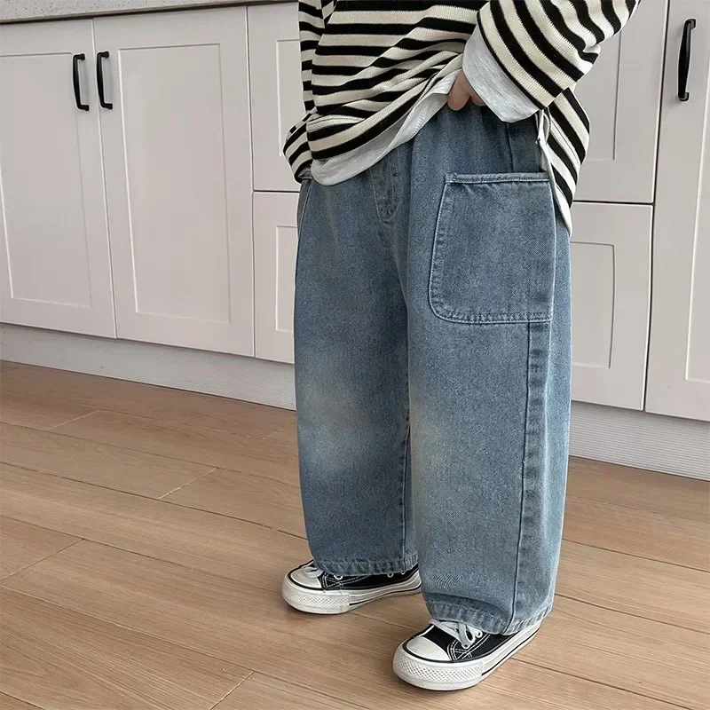 2024 New Casual and Comfortable Pants Little Kids with Stylish Side Pockets Ground White Boy Jeans MINISO Spring 2