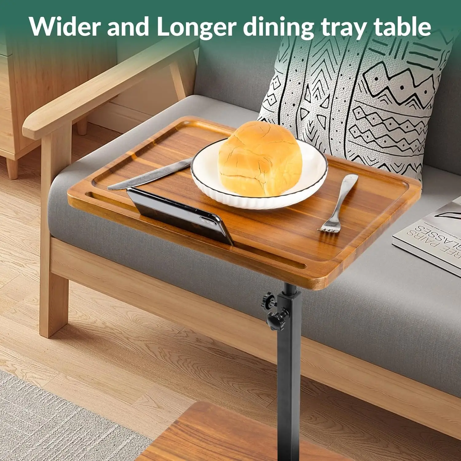 360° Swivel Height Adjustable TV Tray with Phone & Tablet Slot,Snack Side Table End Table for Small Spaces, Bed or Chair 5