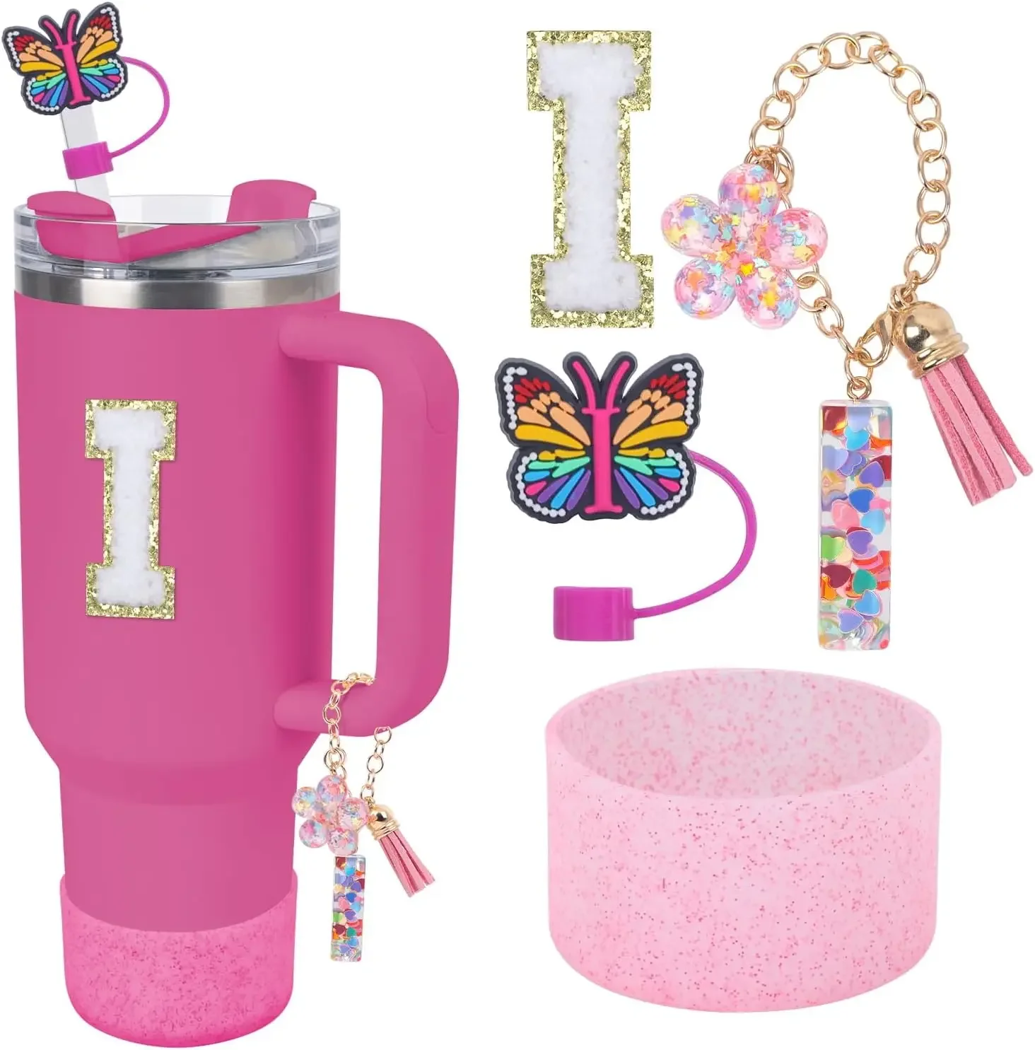 Velaco Set 11 Accessori Per Tazza Stanley 30/40 Oz: Tracolla, Stivale In Silicone, Copri Paglia, Portachiavi E Decorazioni, Rosa