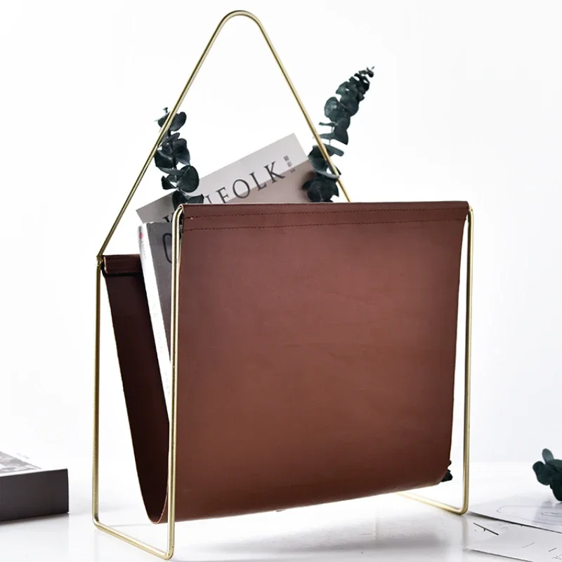 Round Leather Magazine Rack, Creative Metal Tabletop Book Holder, Stylish Office Desk File Organizer, Home Decor