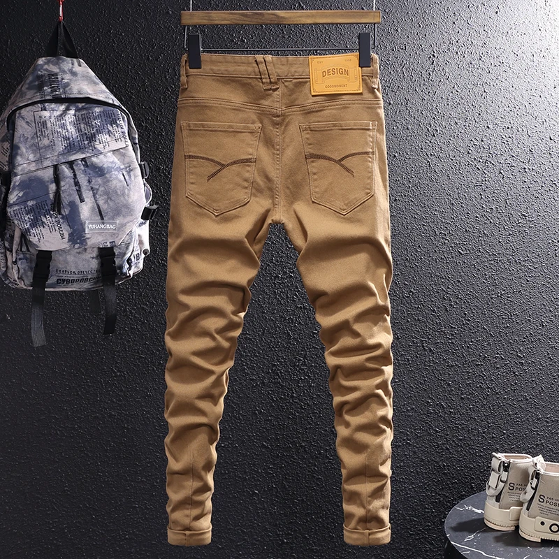 Newly Designer Men Jeans Khaki Brown Elastic Slim Fit Stretch Jeans Men Vintage Trousers Korean Simple Casual Denim Pants Hombre 2