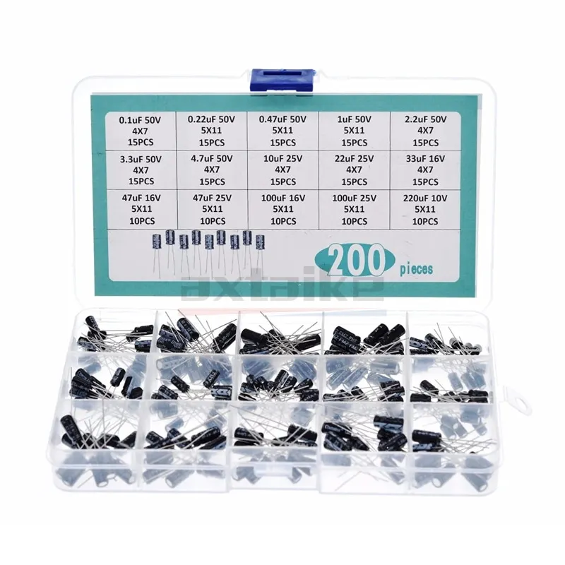 electrolytic capacitor 120/200/500Pcs 16V 25V 50V 0.1uF-1000uF Aluminum Electrolytic Capacitor Assorted Kit Box 1uF 4.7uF 10uF 47uF 220uF 330uF 470uF