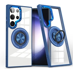 Magnetic Transparent Case with Rotating Metal Stand Holder for S26 (Navy Blue)
