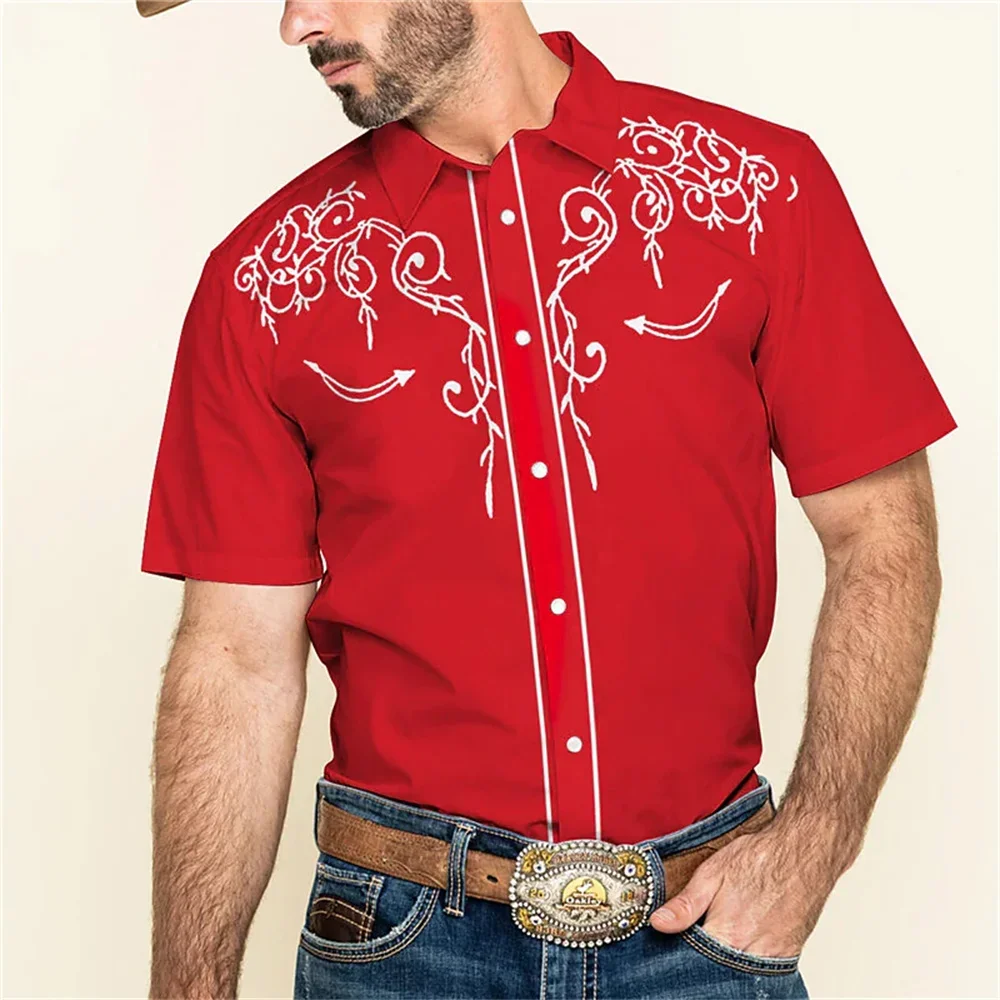 

New men's top red western print lapel single -breasted short -sleeved shirt fashion men's street clothing 2023 summer