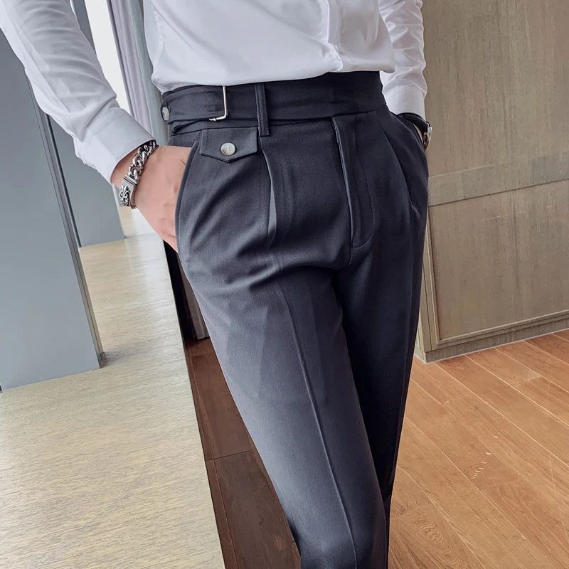 Four Season belt Buttoned Calf Pant Men Pantalon  Casual Luxury Business Pant Trouser Pant For Man straight