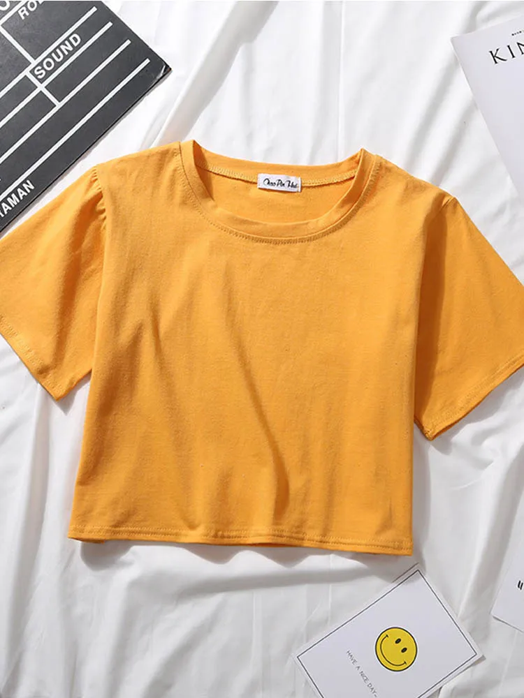 2023 Summer Short Sleeve T Shirts Women Cotton Solid T-shirt O Neck High Waist Crop Top Tee Female Casual Loose T Shirt 6