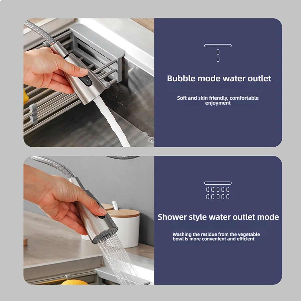 Stainless steel pull-out kitchen faucet with 360° rotating bubbling water + shower dual outlet mode (brushed/black available)