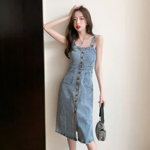 

Denim camisole dress with bottom lining and summer women's temperament, wrap around hips and waist to show slim and long skirt