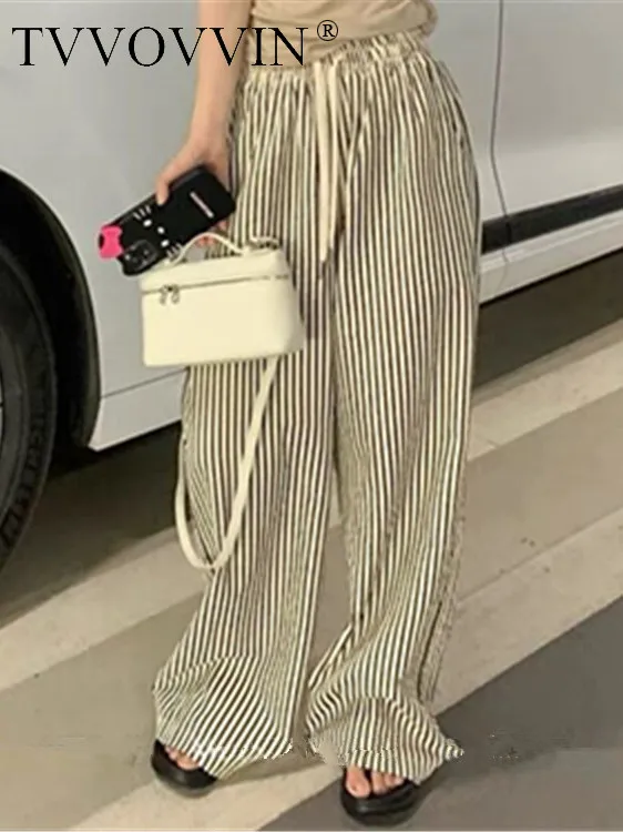 

TVVOVVIN Korean Lazy Style Elastic Waist Stripe Pants Foam Cotton Straight Leg Wide Leg Pants SHAB