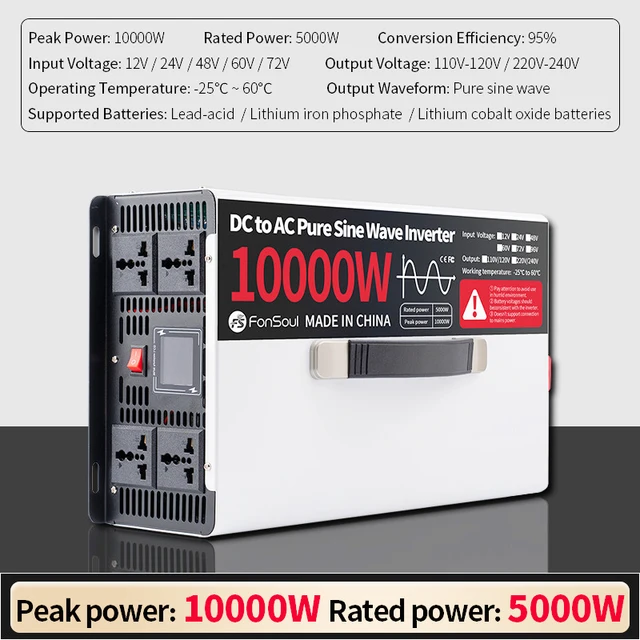 อินเวอร์เตอร์คลื่นไซน์บริสุทธิ์ 10000 วัตต์ แบบออฟกริด แปลงไฟ DC 12V 24V 48V 60V 72V เป็นไฟ AC 110V 120V 220V 240V อินเวอร์เตอร์ 10 กิโลวัตต์ สำหรับบ้านและแบตเตอรี่รถยนต์ 1