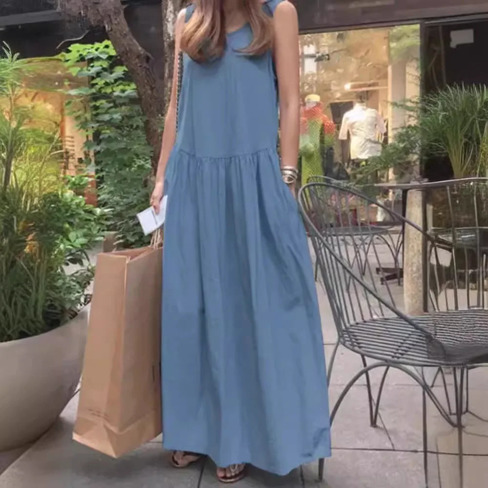 Robe D'Été Longue En Lin Coton - Sans Manches, Coupe Bohème Décontractée Avec Poches - Taille Grande