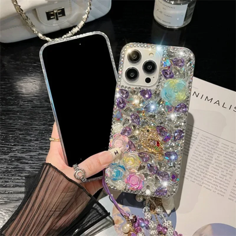 

Luxury Diamond Singing Birds and Fragrant Flowers Rhinestone Case For Xiaomi Redmi9A 9C Note8 9Pro Note10S Note11Pro 12Pro Cover