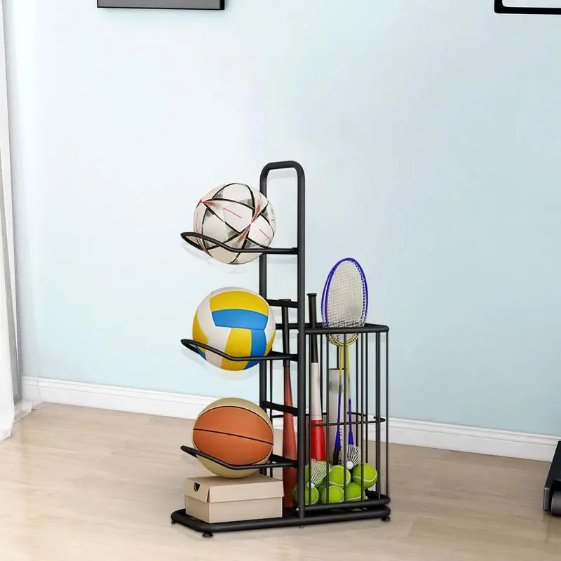Basketball Storage Rack Vertical Metal Basketball Organizer Sports Ball Storage Stand with Basket Garage Organizer
