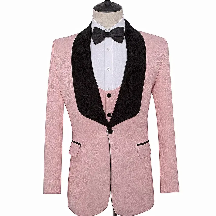 Tailor Suits Blazer Printed Groom Tuxedos Pink jacket for Groomsman Suit Wedding suit Made Man Suit Jacket+pants+vest