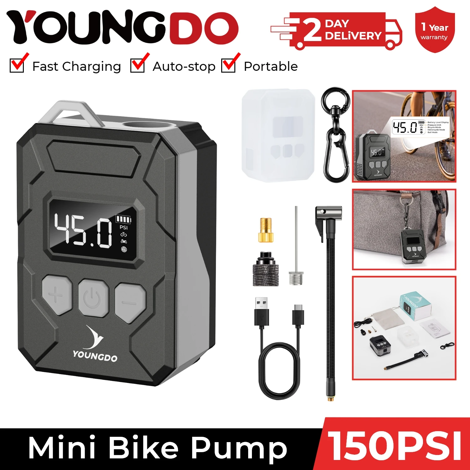 YOUNGDO Tyre Inflator Portable Air Compressor Digital Air Pump