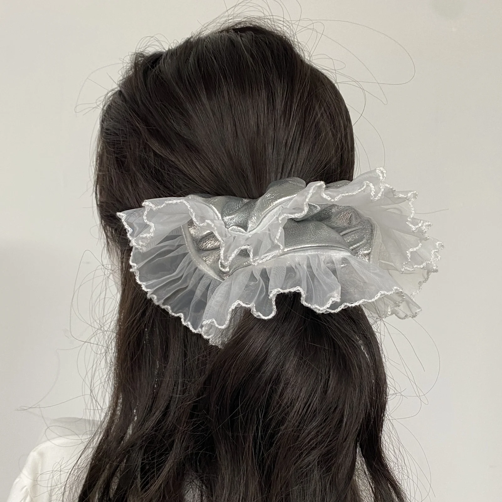 1PC  INS - Style Hair Scrunchies, Silver PU Leather With Pink Organza, Korean - Japanese Design, Chic Hair Bands