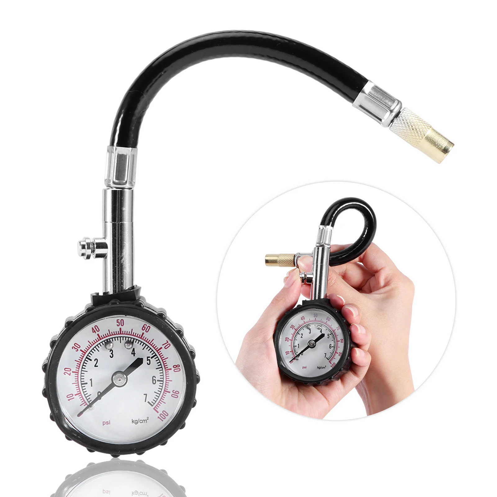 

Bicycle Easy Read Compact Professional Flexible Hose Tire Pressure Gauge Heavy Duty With Tube Car Truck Large Dial Accurate