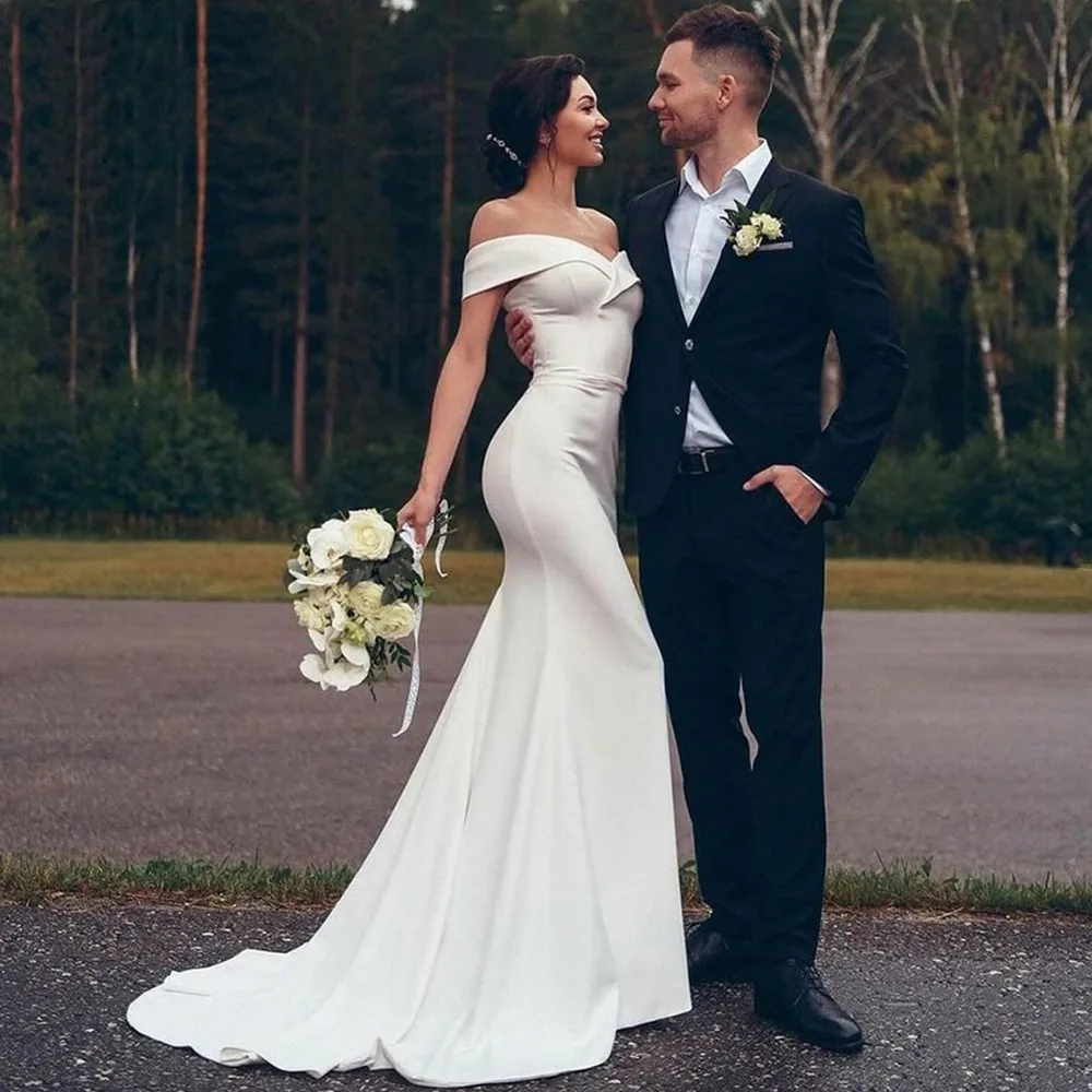 

Elegant Off Shoulder Mermaid Satin Wedding Dresses for Women Sweetheart Lace-Up Backless Bride Gowns robe de mariée 2022