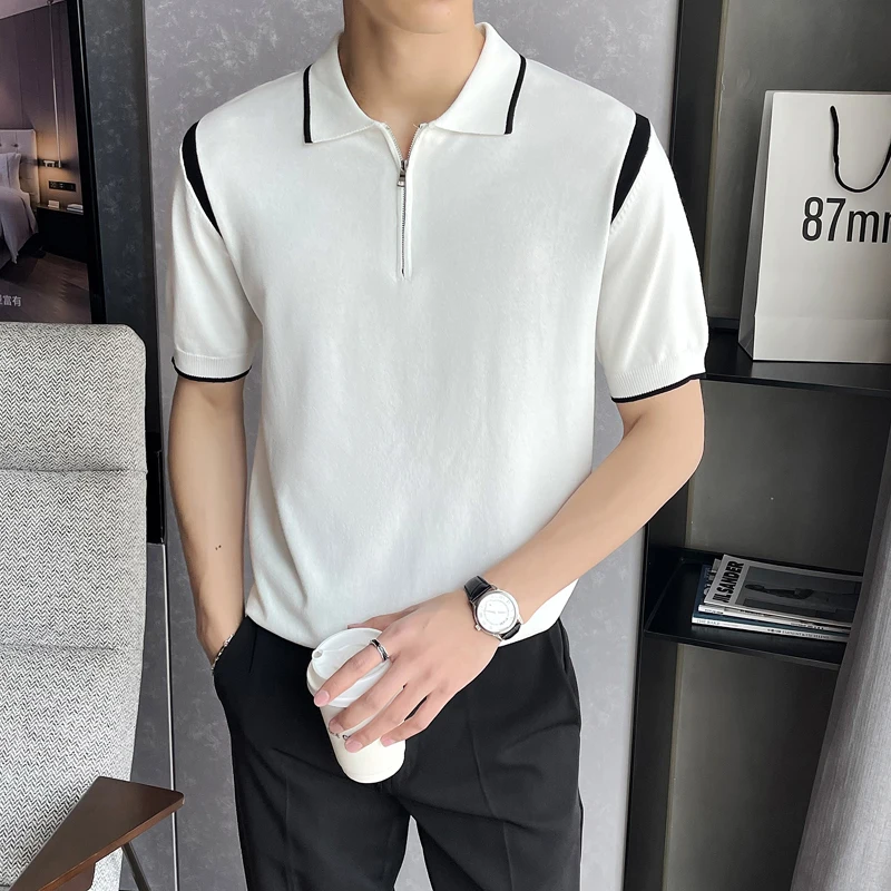  Summer Ice Silk Polo Shirt Men Short Sleeve Lapel Plaid Tshirts  Oversized Loose Polos Shirts Black : Clothing, Shoes & Jewelry