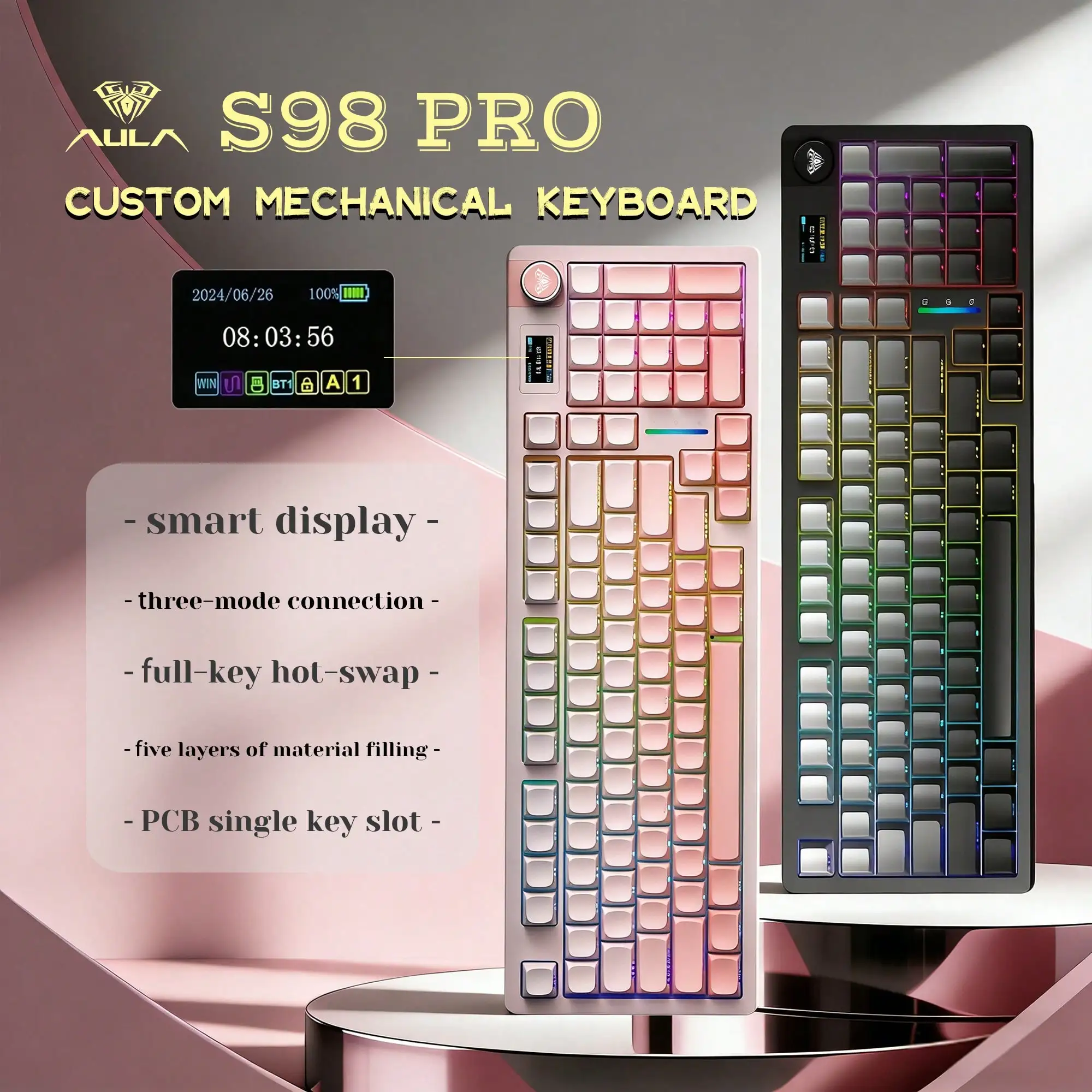AULA S98pro 커스텀 기계식 키보드 3가지 모드 무선 핫스왑 가스켓 구조 RGB 백라이트 커스텀 게이밍 키보드 PC용