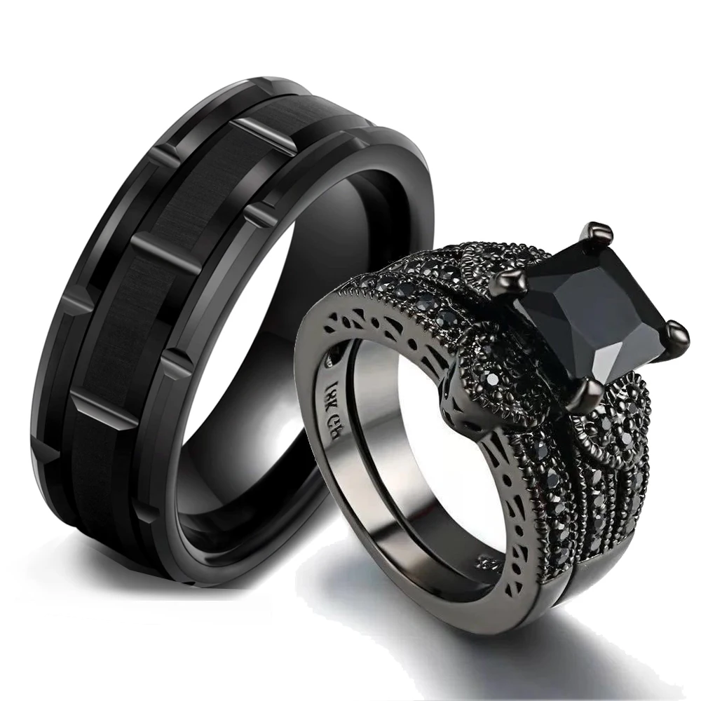 Womens Ring Couple Rings Finger Rings Jewelry Rings Ring Jewelry Fashion Jewelry for Lover Gifts Couple Rings for Women Black Rhinestone Female Rings Set Men Stainless Steel Ring Set