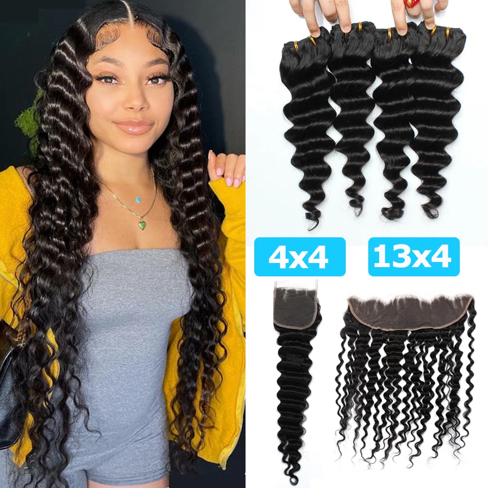 

Peruvian Deep Wave 3 Bundles With Closure Frontal Raw Curly Weave 4x4 Lace Closure Frontal with Bundle 13x4 HD Transparent Lace