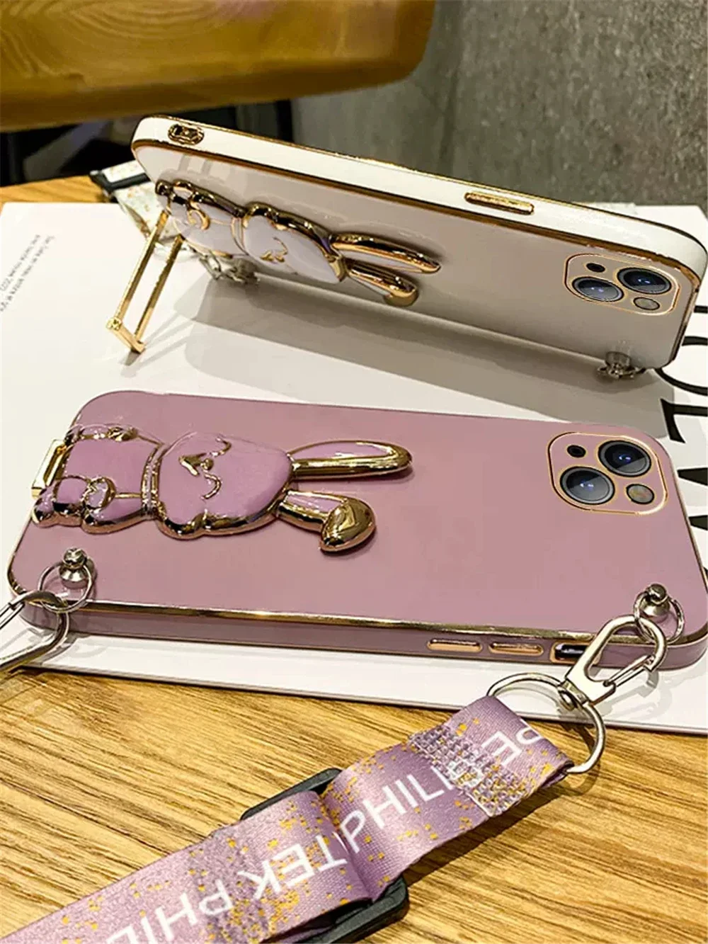 Crossbody Lanyard Rabbit Bracket Plating Silicone Phone Case