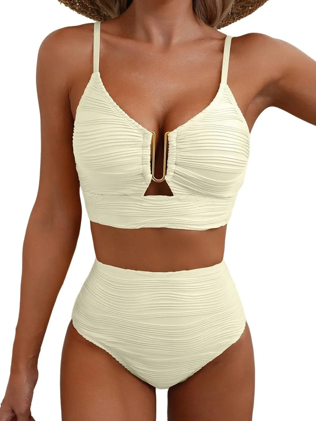 Solid Color Women's Fashionable Elegant Split Style Hollow Personality Swimsuit Chest Cushion No Steel Support Bikini