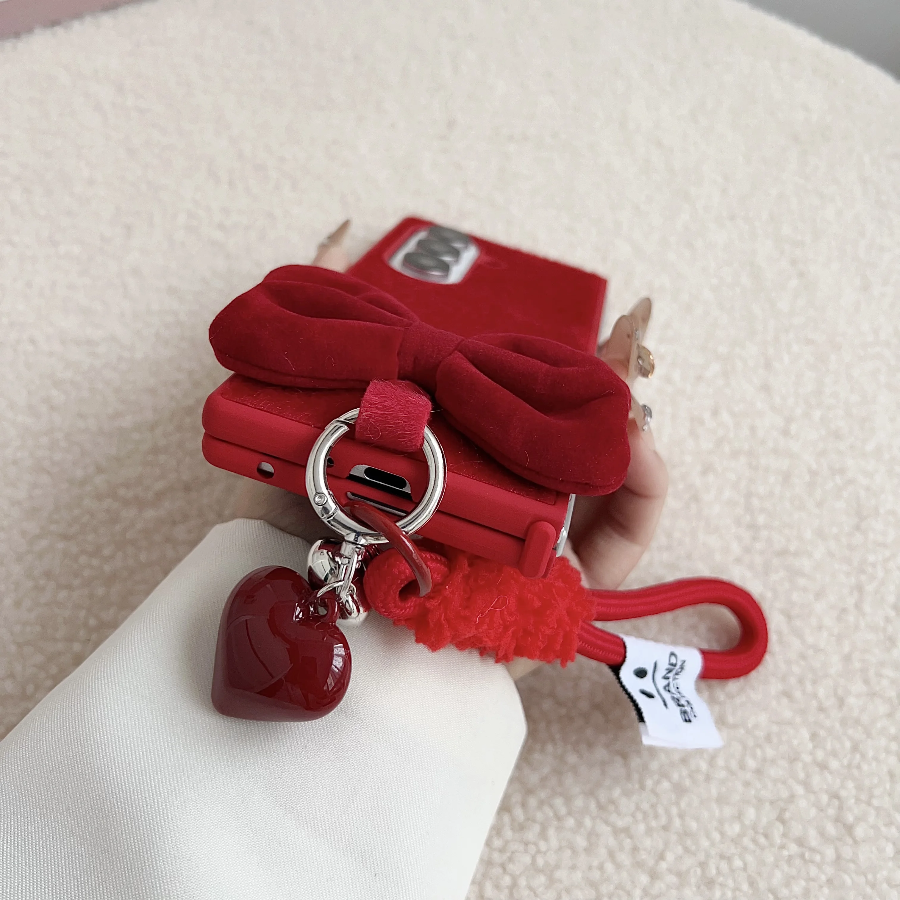 Plush Heart Pendant Fold Phone Case with 3D Bow and Rope Strap