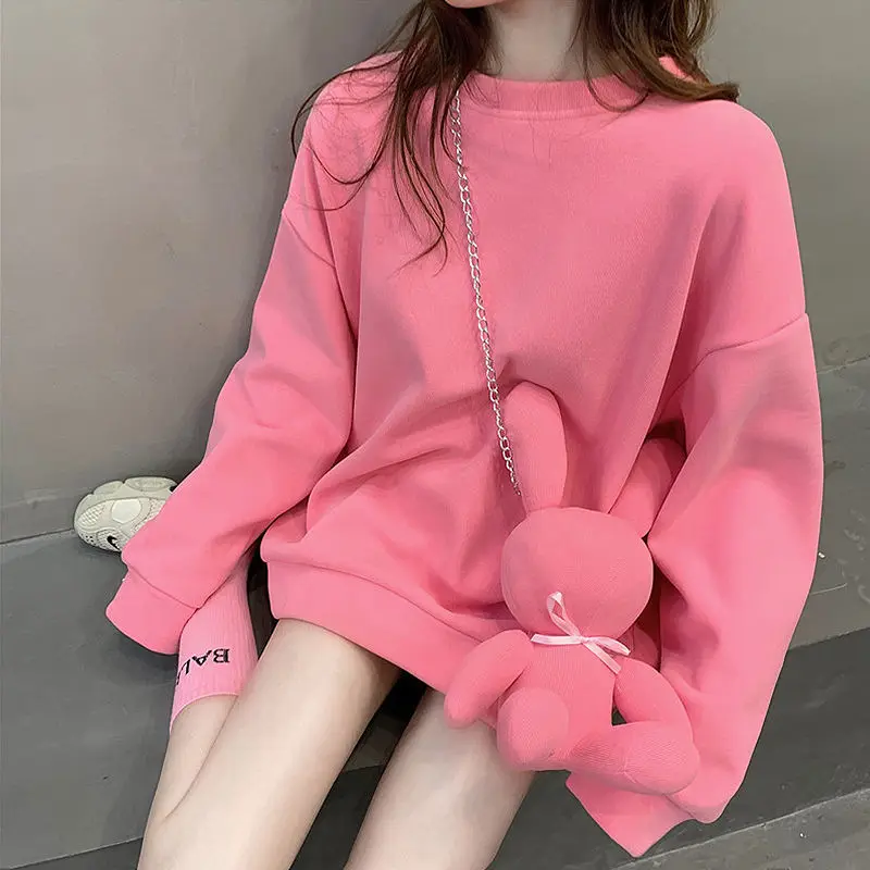 DAYIFUN-Pink Round Neck Hoodies for Women Thick Medium Length Sweatshirts with Rabbit Decoration Female Casual Long Sleeve Tops aquarium fish tank landscape ornament floating decoration medium size colorful fluorescent silicon artificial glow jellyfish