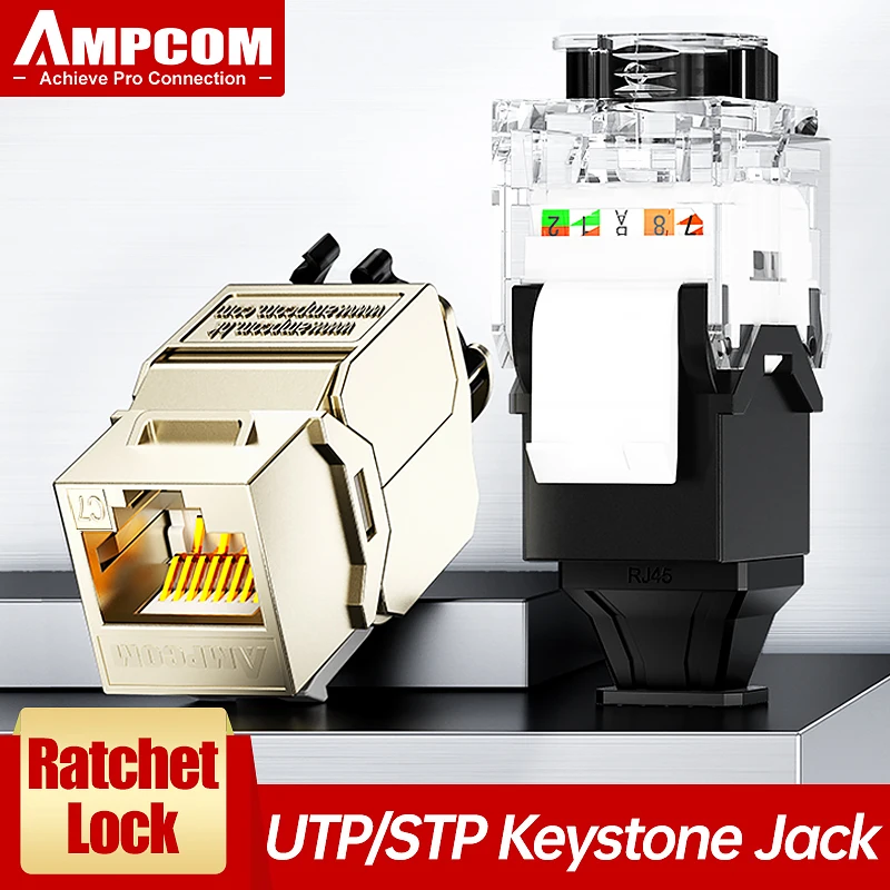 AMPCOM CAT7A CAT7 CAT6A CAT6 RJ45 Keystone Jack, Ratchet Lock STP Toolless Modular Coupler Zinc Alloy Module Jacks 10Gbps