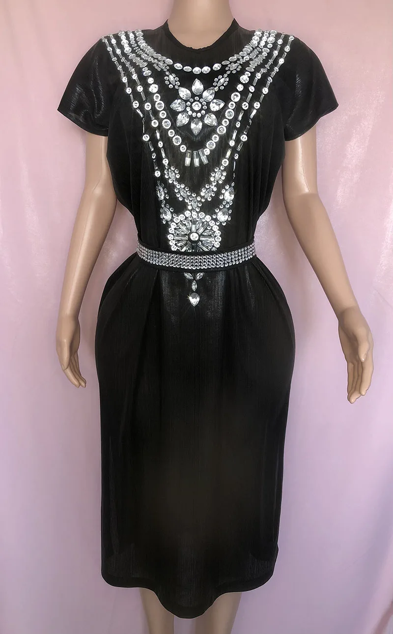

Fashion Designer dress Summer Women's Dress Short Sleeve Beading Diamond Vintage Party Office Dresses