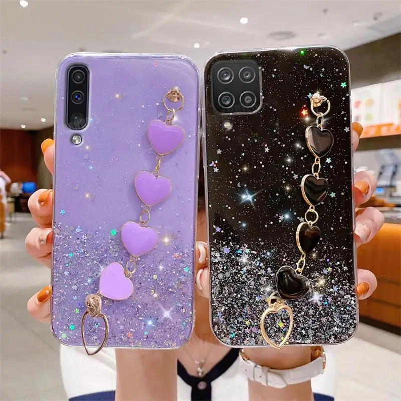 A 50 70 30 Love Heart Wrist Chain Glitter Case For Samsung Galaxy