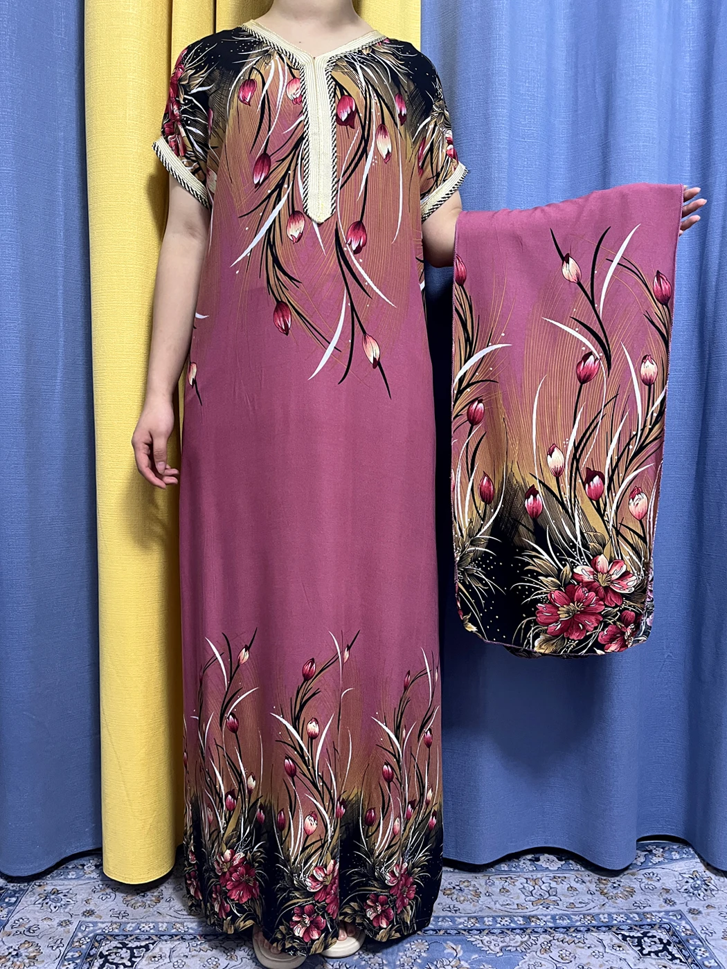 Muslim Abayas For Women 2023 Summer Short Flower Cotton V-neck Slim Fit Femme Robe African Nigeria Traditional Dress With Turban