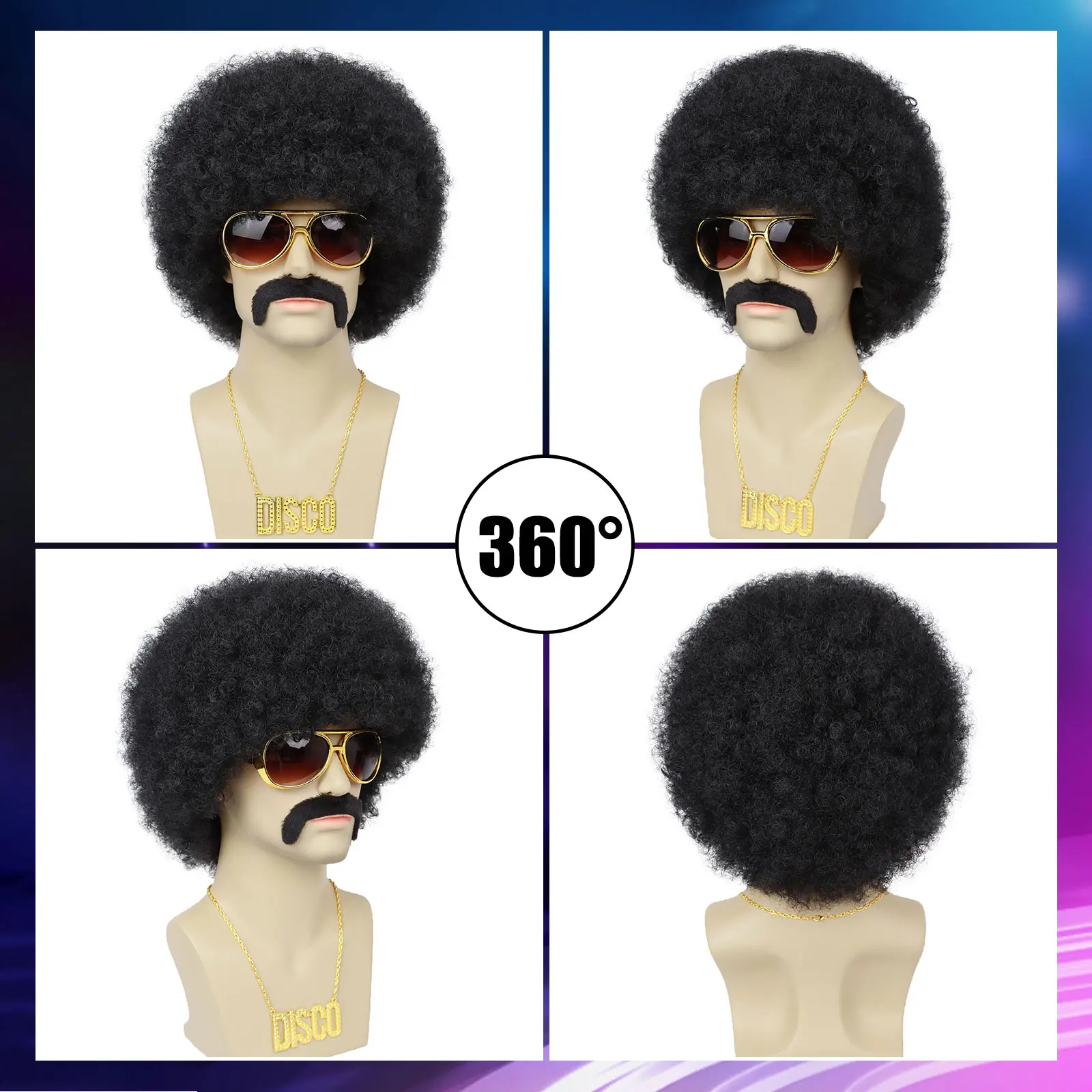 5pcs Set Mens Synthetic Afro Puff Wig for 70s 80s Rocker Disco Party Halloween Costume Cosplay Party Use