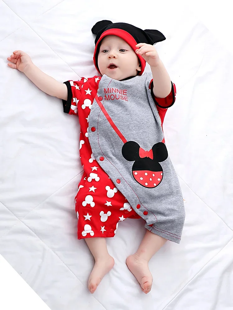 Summer Baby Rompers+Hat 2pcs Cartoon Mickey Minnie Boys Girls Jumpsuit Infant Costumes Newborn Baby Clothes Set Lovely Sets