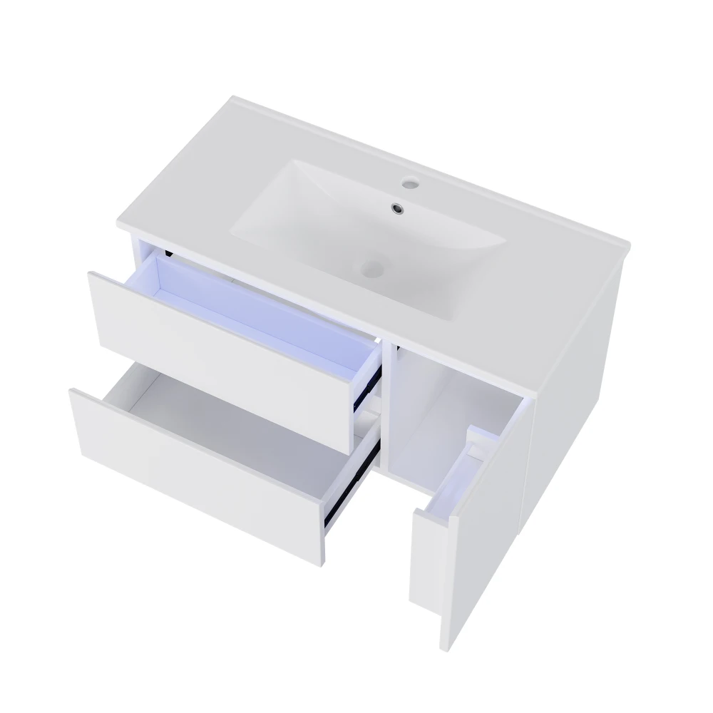 Wandmontierter Badezimmerschrank mit Vollverkleidung, Moderner Schwebender Aufbewahrungsschrank mit LED-Beleuchtung, Leiser Soft-Close-Funktion und Integriertem Waschbecken – Detail 27