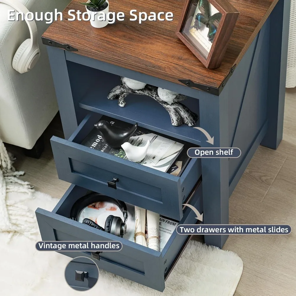 Nightstand with Charging Station, Farmhouse Night Stand with 2 Drawers and Shelf Storage, Blue Wooden Side End Table, Bedside Ca