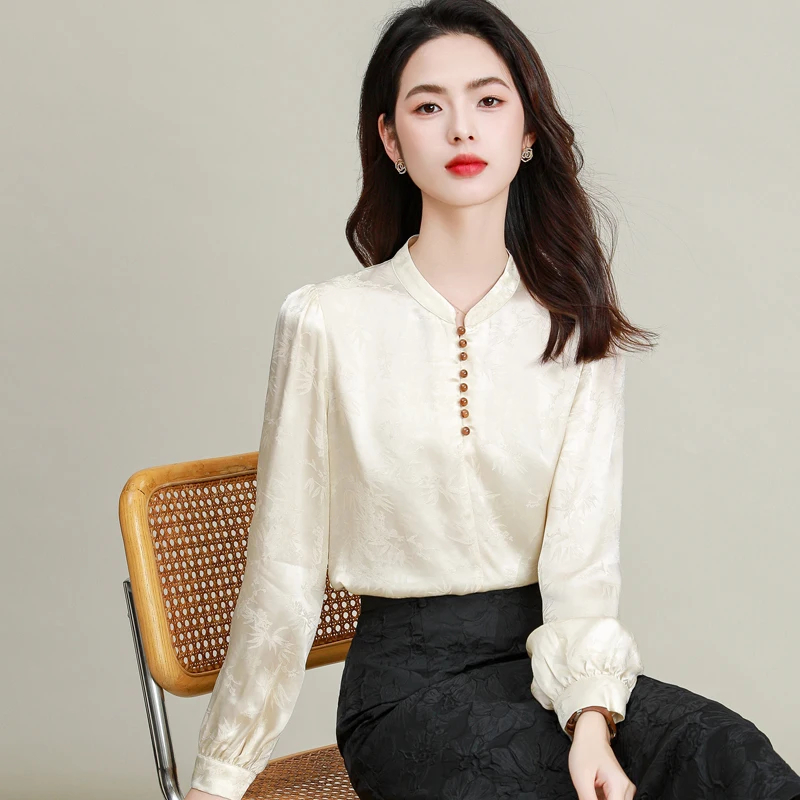 2024 Spring Summer Women Beige Silk Shirts For Office Lady Oriental Retro Style Tops Elegant Bamboo Pattern Jacquard Shirt OOTD радиоприемник bamboowood retro beige