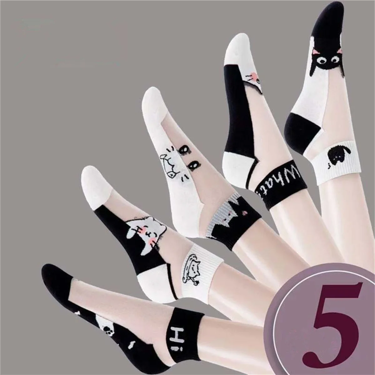 Summer Socks 5Pairs/lot Black and White Cat Glass Silk Breathable Female Simple Short