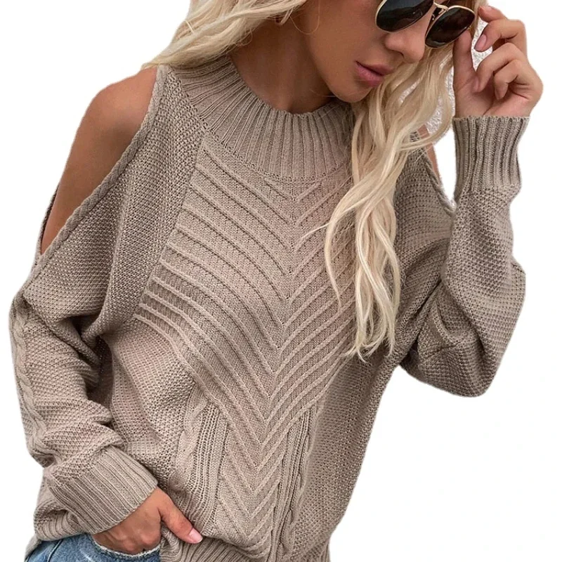 Aproms Elegant Cold Shoulder Knitted Loose Sweaters Women 2023 Autumn Winter Side Split Pullovers Streetwear Fashion Jumpers Top