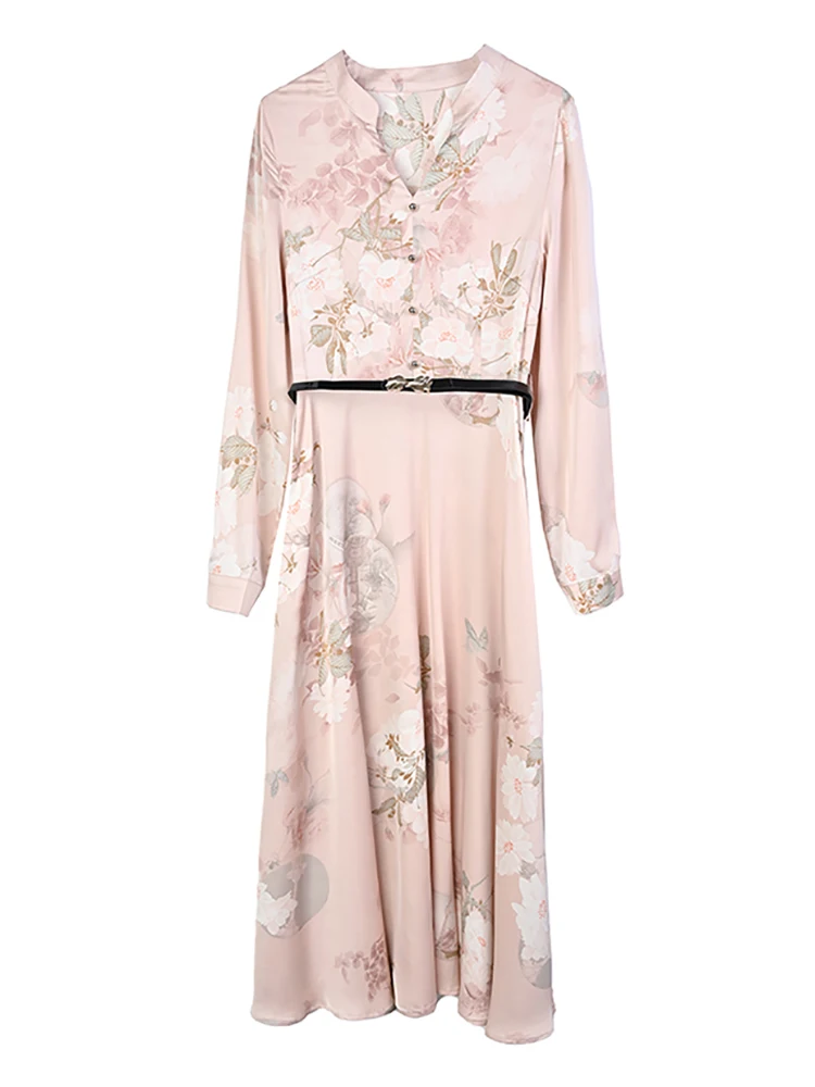 2024 Pink Floral Acetate Satin Casual Long Robe Women Fashion Elegant Chic Party Midi Dress Spring Autumn Bodycon Evening Dress 6