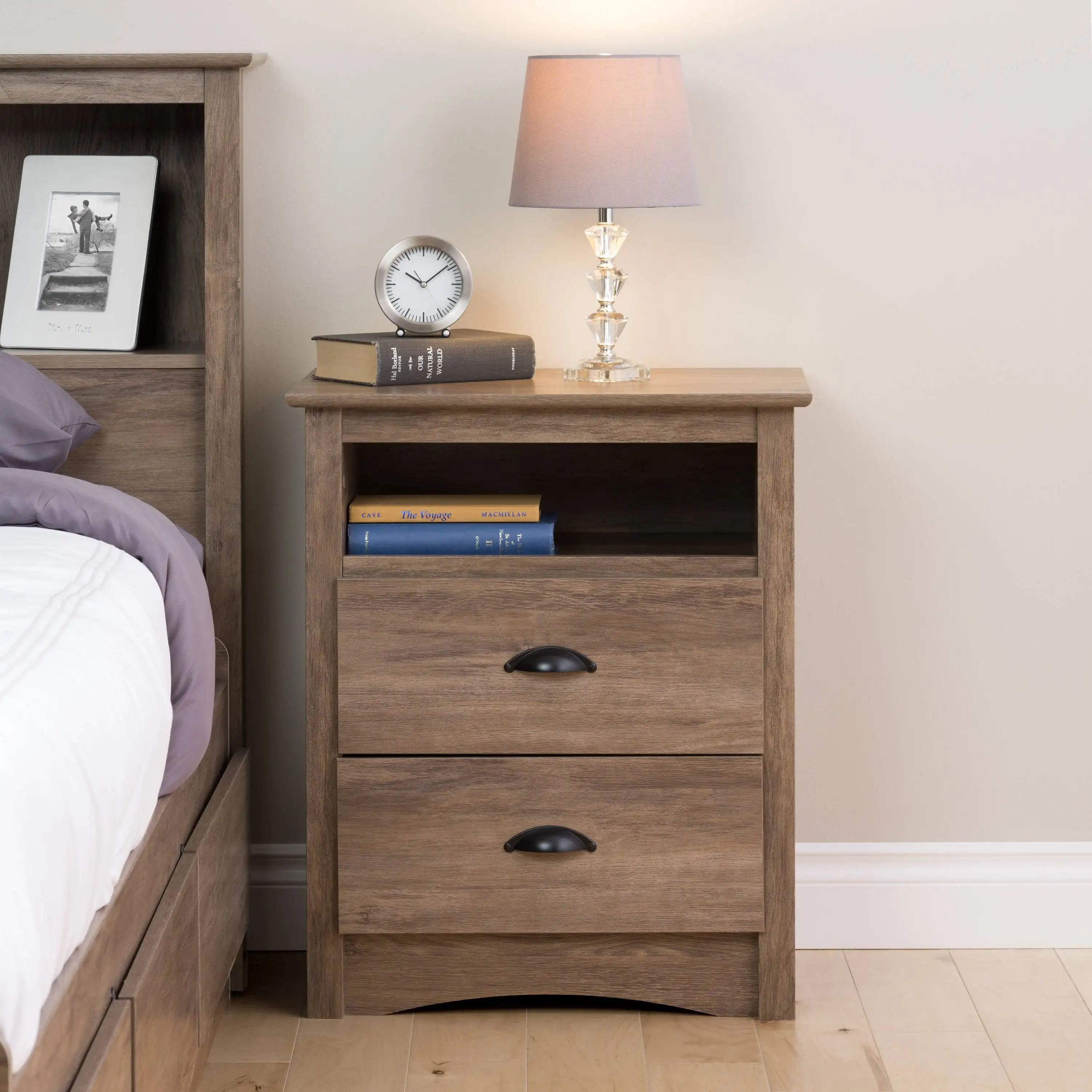 

2 Drawer Nightstand: Elegant Bedroom Furniture, Bedside Table with Open Shelf, 23.25"W x 16"D x 28"H, Drifted Gray - DDC-2428