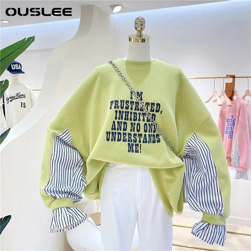 

OUSLEE Women Sweatshirt Autumn Winter Oversized BF Style Pocket Patchwork Printing Casual Half Zip Pullover Pullovers BF Style